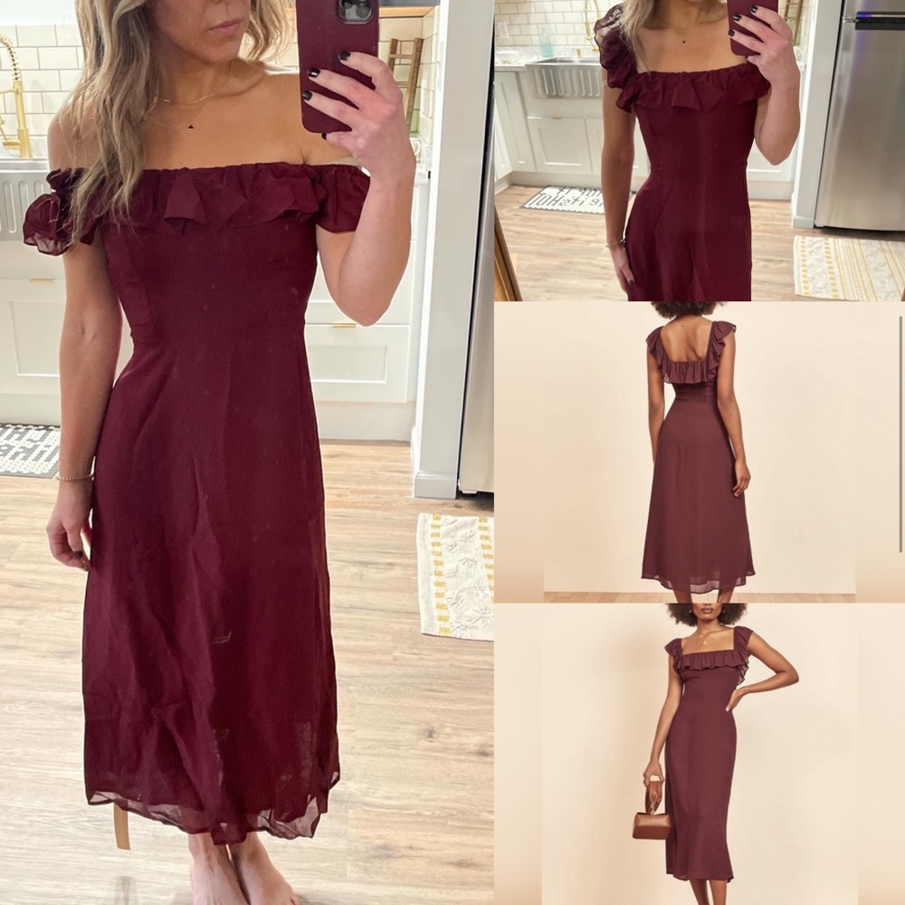 NWT Reformation Colette Dress plum square neck off shoulder ruffle 0 midi